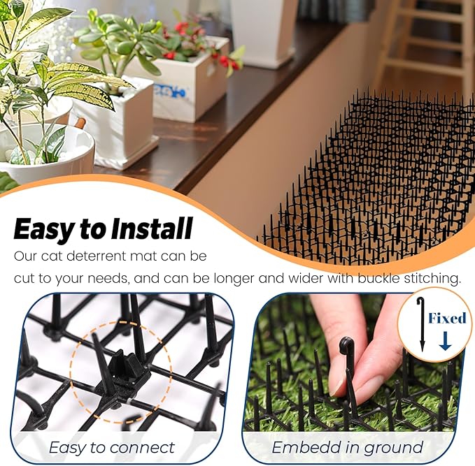 Hmyomina 13FT Scat Mat for Cats with Spikes and 12 Garden Staples - Outdoor/Indoor Pet Deterrent for Plants, Furniture, Car, and Yard