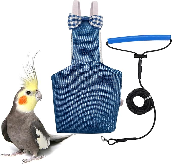 VANFAVORI Bird Diaper Harness Flight Suit Clothes with 80 Inch Flying Leash Rope for Parrots Conure Cockatiel Pet Birds Weight 80-105 Grams, M Size Denim, Including A Cotton Pad