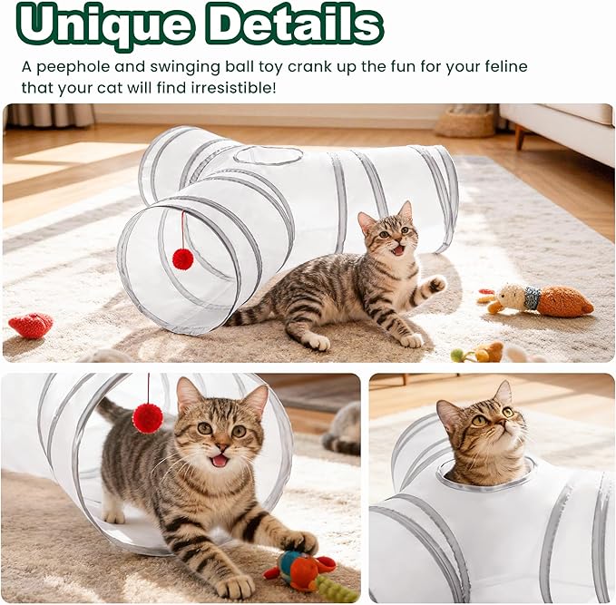 Love’s Cabin Cat Tunnel for Indoor Cats, 3-Way Collapsible Play Tunnel with Teaser Wand, Peek Holes & Toy Ball, Small Pet Toy for Kittens & Rabbits, White & Light Grey, Small Size