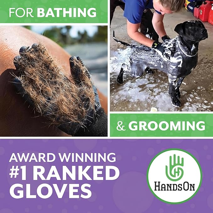 H HandsOn Pet Grooming Gloves - Patented #1 Ranked, Award Winning Shedding, Bathing, & Hair Remover Gloves - Gentle Brush for Cats, Dogs, and Horses (Black, Medium)