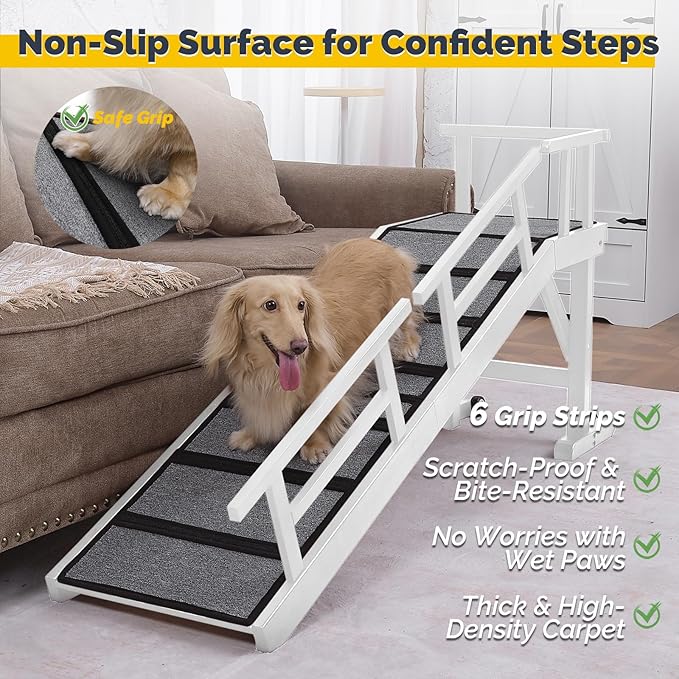 Dog Ramp for Bed or Couch, Wooden Pet Ramp with 20° Gentle Slope, Removable Side Rails, Non-Slip Surface, Top Platform & Wheels, Safe Bed Ramp for Small, Large & Senior Dogs, 60" Long, White