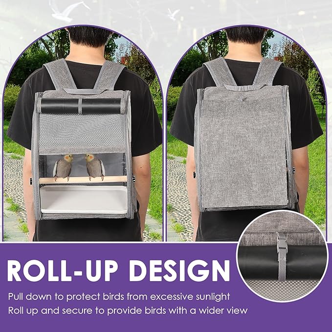 Bird Carrier Backpack, Breathable Bird Travel Backpack Set with Standing Perch and Tray, Pet Transparent Breathable Travel Cage, Pet Travel Cage for Cockatiels, Parrots, Hiking