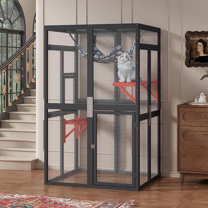 Catio Outdoor Cat Enclosure - Premium Wooden Cat Catio with Window Access & Breathable Mesh, Weatherproof Kitty House for Patio/Backyard/Indoor (Black)