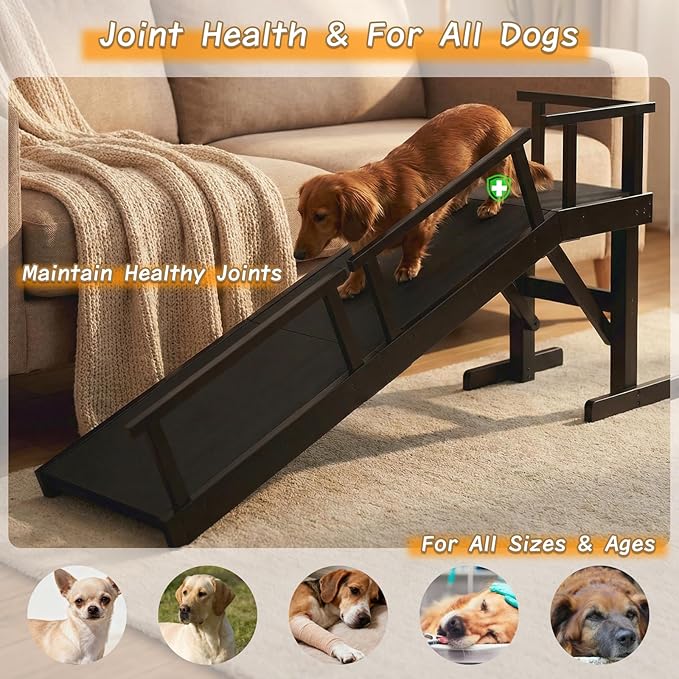 61" Dog Ramp for Bed,Birchwood Pet Ramp with Removable Side Rail and Non-Slip Surface, Pet Ramp for Small & Large Dogs with Rest Platform and DIY Glow Strips,Dog Stairs for Couch, Black