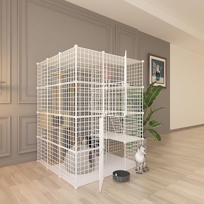 Indoor Cat Cage Enclosure DIY,Cat Playpen Catio Thick Metal Wire Kennels for 1-3 Cats Kitten Cage Detachable Patio Cat Crate (White, 41" L x 41" W x 55" H)