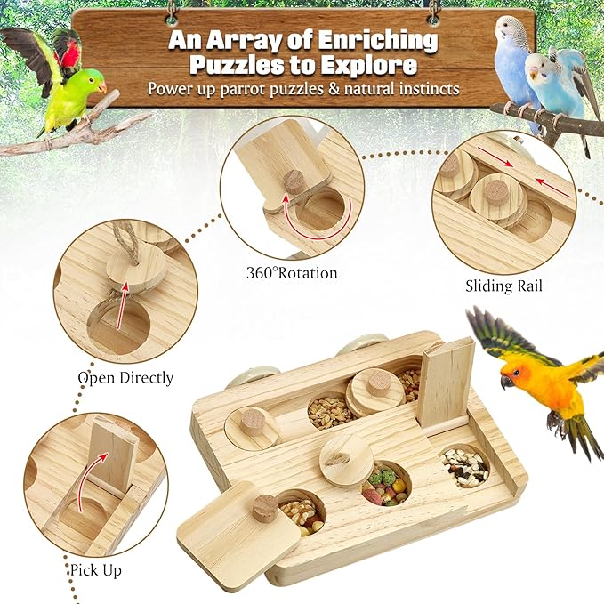 BNOSDM Wooden Bird Foraging Toys with Paw Grinding Sticks, Natural Wood Enrichment Puzzle Toys for Training & Chewing Stand Platform Feeder Cage Accessoriesfor Parrots, Parakeets, Cockatiels, Conures