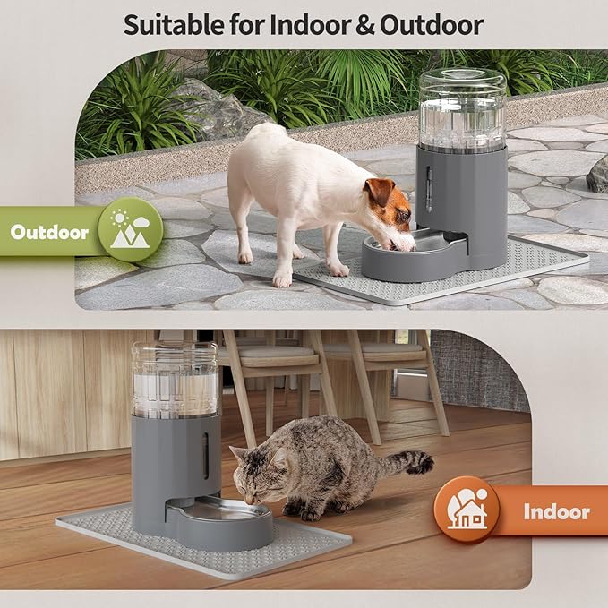 Cat Water Dispenser with Filter and Stainless Steel Bowl, Automatic Gravity Water Dispenser for Cats or Small Medium Size Dogs, Large Capacity, Easy to Clean and Safe for Pets (4L Grey)