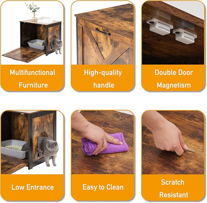 Dwanton Cat Litter Box Furniture Hidden, Cat Litter Box Enclosure, Reversible Entrance Can Be on Left or Right Side, Indoor Cabinet, Wooden Washroom, End Table, Nightstand, Rustic Brown, 23.6" L