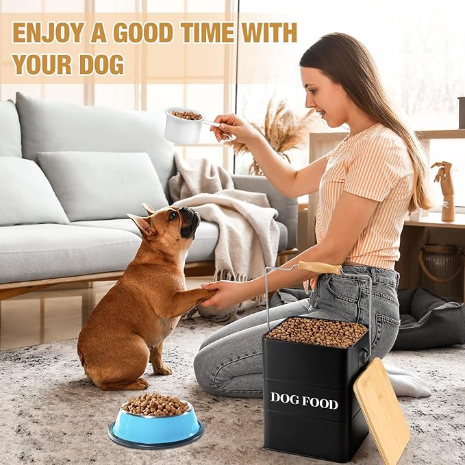 Tioncy 2 Pcs Metal Dog Food Storage Containers Total 10-14 Lbs (50 Cup) Capacity, Airtight Pet Food Canister with Bamboo Lids Scoop DIY Labels Dog Treat Storage Jars for Kitchen Counter(Matte Black)