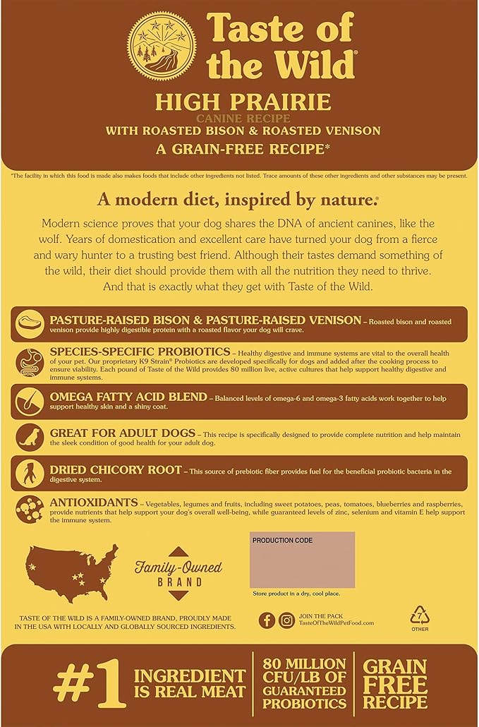 Taste of the Wild High Prairie Canine Grain-Free Recipe with Roasted Bison and Roasted Venison Adult Dry Dog Food, Made with High Protein from Real Meat and Guaranteed Nutrients and Probiotics 14lb