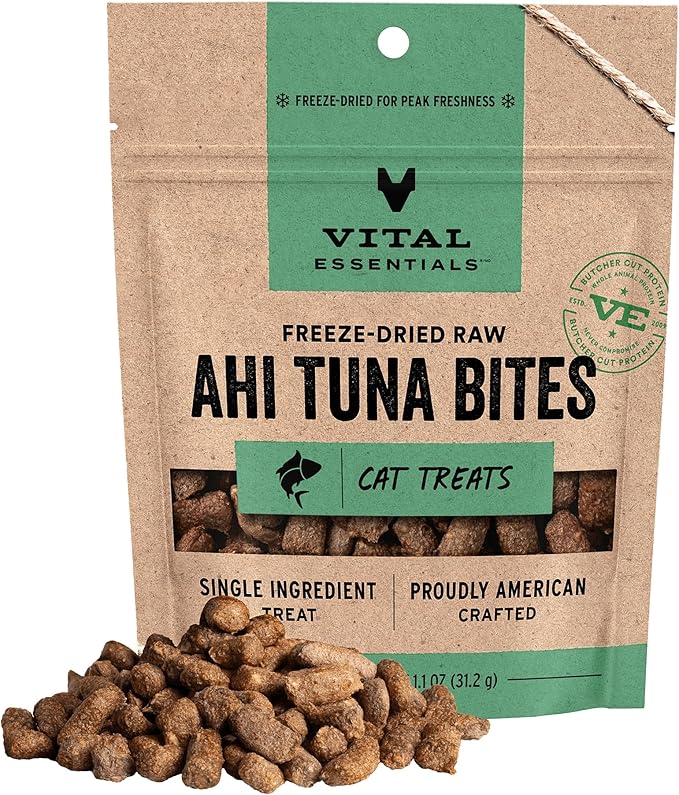 Vital Essentials Freeze Dried Cat Treats | Ahi Tuna Bites, Single Protein | Premium Quality | Grain Free, Crunchy Cat Treats, 1.1 oz Bag