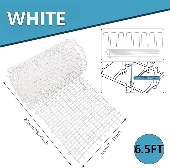 Pet Repellent Mat, White, 6.5 feet with 8 Ground Stakes 8 Zip Tie, Cat Repellent Mat with Gentle Spikes for Garden/Backyard, Dog and Raccoon Deterrent Mat, 78.74 inches x 11 inches.