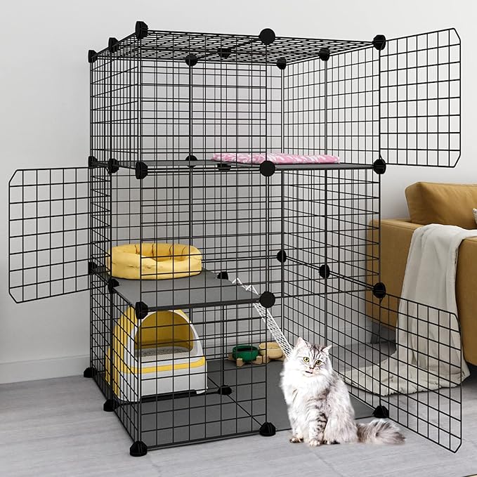 3-Tier Cat Cage Indoor Enclosure DIY Cat Playpen Catio Detachable Metal Wire Kennels 2Lx2Wx3H Crate Large Exercise Place Ideal for 1-2 Cats, Black
