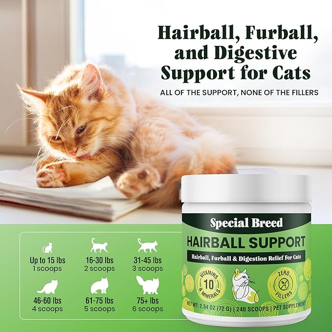 Hairball Support for Cats - 10 Super Ingredients for Furball Treatment Relief, Hairball Remedy, Digestive Support & Healthy Skin - No Fillers - Psyllium, Pumpkin, Omega-3s & More - 240 Scoops