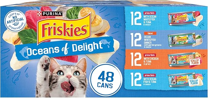 Purina Friskies Wet Cat Food Variety Pack, Oceans of Delight Flaked and Prime Filets - 48 ct. Can