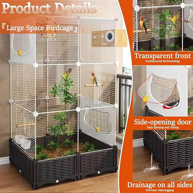 48.8-inch Home Acrylic Large Bird Cage, Parakeet Parrot Cage Birdcages Canary Bird Cages with Plant Box, Horizontal Wire Mesh, White, 29.1''Wx14.6''Dx48.8''H
