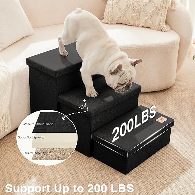 Love's cabin Dog Stairs with Storage, 3 Steps Wider Dog Steps for High Bed 18" H, Foldable Pet Stairs for Small Medium Large Dogs Cats for Bed Couch Car, Ramp with Zip up to 200 lbs, Black