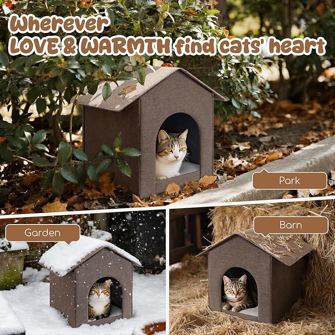 Outdoor Cat House Weatherproof, Insulated Cat Dog Houses for Outdoor/Indoor Cats for Winter, Waterproof Feral Stray Cat Shelter with Warm Cushion for All Seasons, Easy to Assemble, Brown
