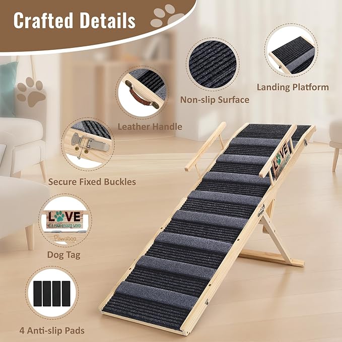 Pawaboo Dog Ramp for Small Dog, 57'' Foldable Dog Ramp for Bed, 5 Adjustable Height from 19.7'' to 30'', Portable Stable Pet Steps with Dogs Tag & Safety Side Rails, Pet Ramps for Bed Couch