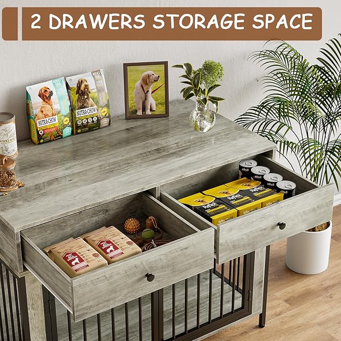 PUKAMI 44inch Large Dog Crate Furniture with Drawers, Wooden Dog Kennel Furniture for Indoor use, Grey End Table Dog House, for Small/Medium/Large Dog