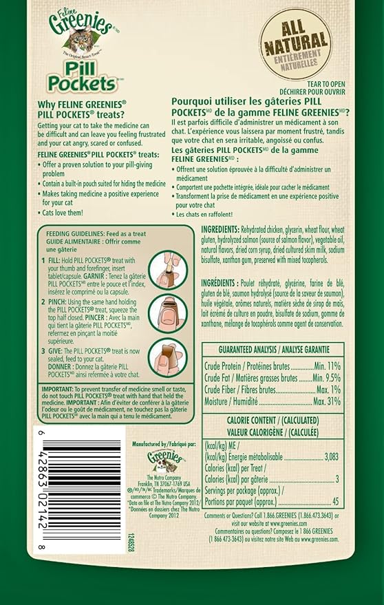 Greenies Feline Pill Pockets for Cats Natural Soft Cat Treats, Salmon Flavor, 1.6 oz. Pouch (45 Treats)
