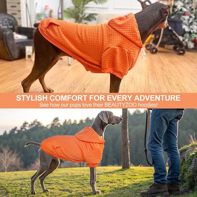 BEAUTYZOO Small Dog Hoodie Sweater with Pockets, Dog Clothes for Small Medium Dogs Boy Girl, Waffle-Like Laminated Cotton Pet Coats with Hat and Leash Hole, Orange SM