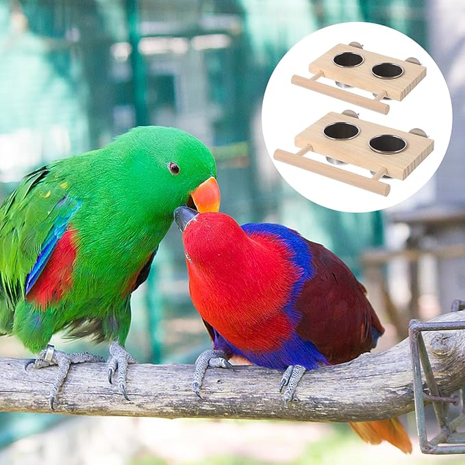 Yardwe Parrot Food Cups and Stainless Steel Feeding Bowls with Wood Stand, 2pcs Set (Small Large) for Bird Cage Feeding and Watering Supplies
