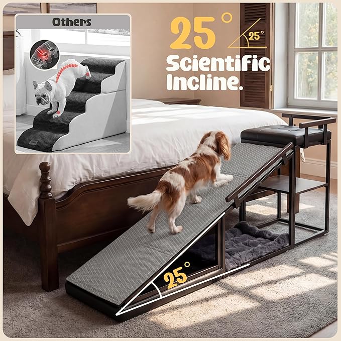 4-in-1 Dog Ramp, 65" X 26" X 17" Storage Ottoman Bench Upholstered Padded with Solid Wood Shelf, Foldable Pet Stairs Non-Slip Silicone Surface - Safety Railings Load up to 220 lb (Black)
