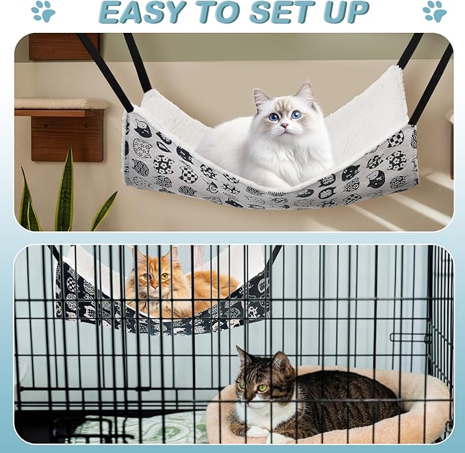 4 Pack Cat Hammock for Cage, Reversible Cat Hanging Hammock Soft Large Double Sided Pet Bed with Adjustable Straps & Metal Hooks for Cats Ferret Kitten Puppy Rabbits Small Animals