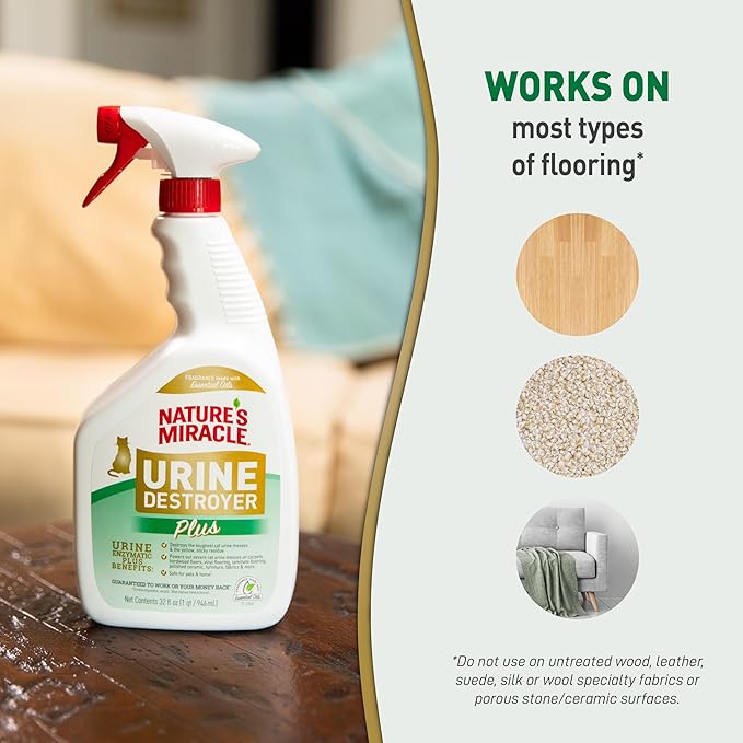 Nature’s Miracle Urine Destroyer Plus Cat, 32 Ounces,Unscented, Enzymatic Formula, Ready-to-Use