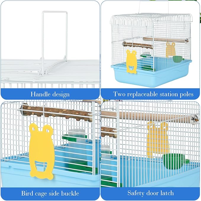 Small Bird Cages for Cockatiels - Parrot Travel Cage Starter Kit with Stand Accessories Birdcage Great for Parakeets Lovebirds Parrotlets Finches Canaries and More Small Birds(Blue)