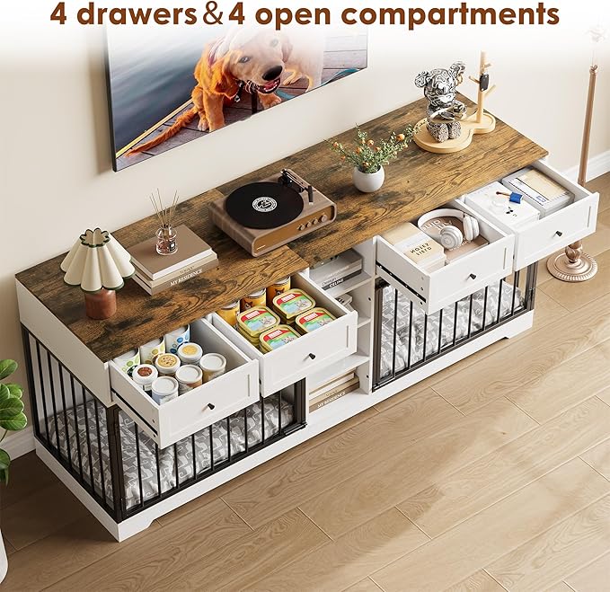 GAOMON Dog Crate Furniture for 2 Dogs, 82'' Large Dog Kennel Indoor with 4 Storage Drawers and 4 Shelves, Double Dog Crate TV Stand for Medium and Large Dogs, White