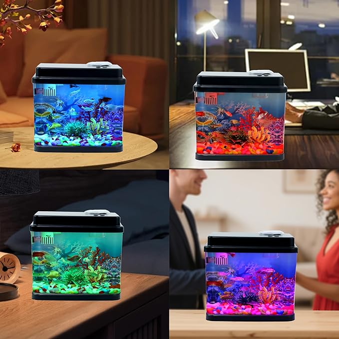 Mini Aquarium, 1 Gallon Small Fish Tank, 6-Color Adjustable LED Fish Bowl, 3-in-1 Dual-Mode Water Pump with Circulation, Oxygenation and Filtration,Ideal Gift and Decoration Choices