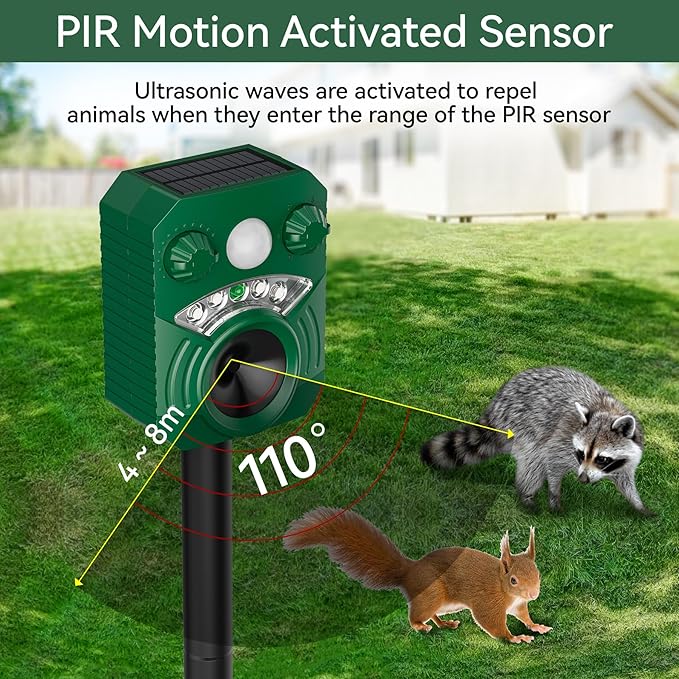 Solar Ultrasonic Cat Deterrent Outdoor – Motion Activated Deer Repellent Waterproof, Animal Repeller for Squirrel, Skunk, Racoon, Rabbit – Yard, Garden & Farm Protection