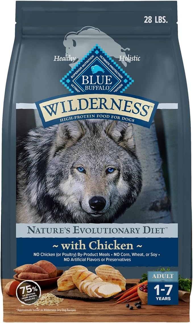 Blue Buffalo Wilderness Natural High-Protein Dry Food for Adult Dogs, Chicken Recipe, 28-lb. Bag