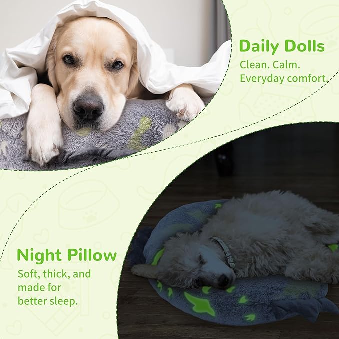 Dog Calming Pillow - Cute Soft Animal Pillow for Dogs, Cats, Kids, Adults, Washable Cozy Relaxing Pet Bed Pillow, Glow in The Dark Dog Neck Pillow (Grey, Medium)