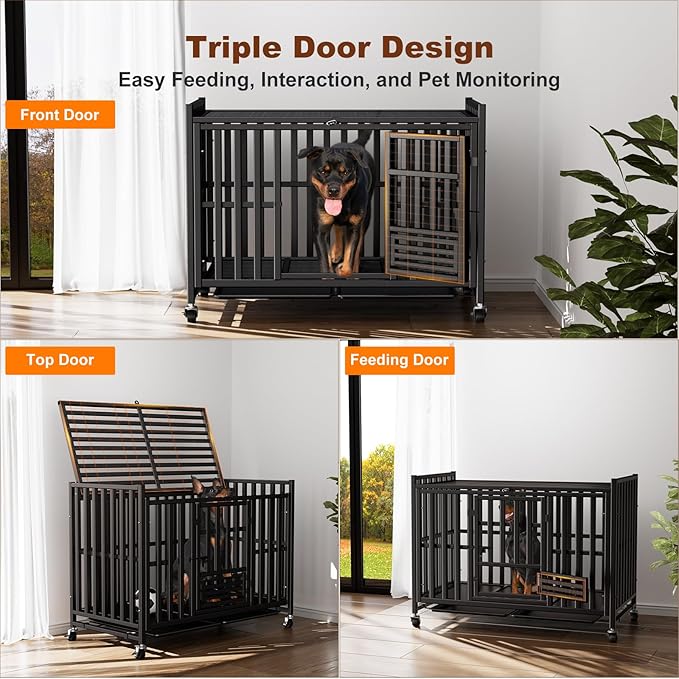 Heavy Duty Dog Crate, Reinforced Thickened Steel Frame Indestructible Kennel for Large & High Anxiety Dogs, Escape Proof Design with 3 Doors, 4 Lockable Wheels and 2 Removable Trays (42inch)