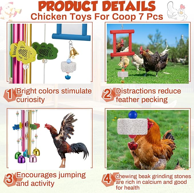 7 Pcs Chicken Toys, Hanging Chicken Wind Chime, 2 Pcs Coop Mirror Toys with Bells 4 Pack Beak Grinding Stones, Musical Coop Accessories for Hen Rooster Chick Poultry Bird(Rose Red, Blue)