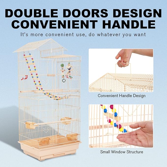HCY Bird Cage 39 Inch Bird Cages for Parakeets Roof Top Large Flight Parrot Cage with Toys for Small Medium Birds,Cockatiel,Parakeets,Parrot,Lovebirds,Finch,Canary Bird Cage(Almond), 17''Lx13''W''39H