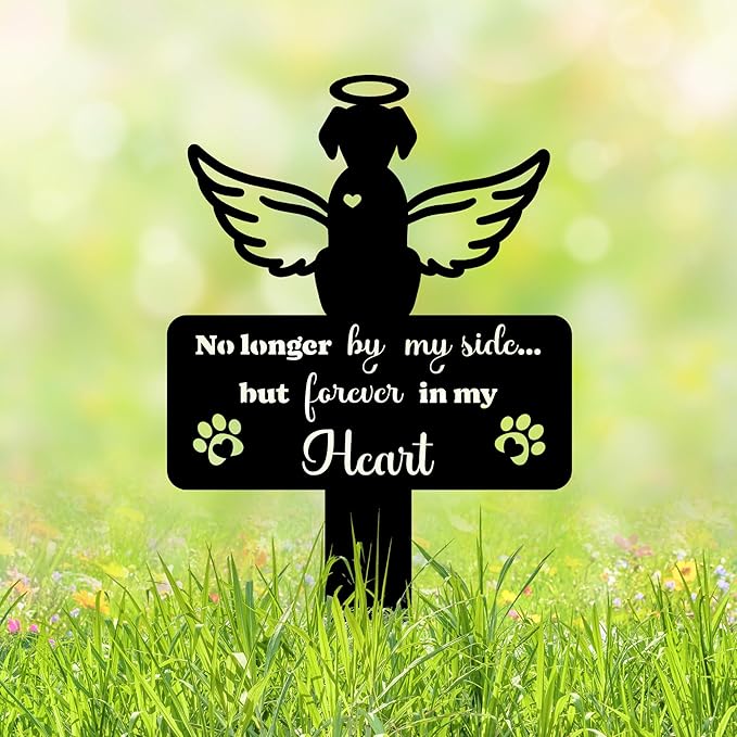 Angel Dog Grave Marker – 12in Memorial Stone with Halo and Paw Prints, Weatherproof Pet Headstone for Outdoor Use, Dog Tombstone for Graves, Sympathy Gift for Loss