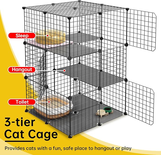 3-Tier Cat Cage Indoor Enclosure DIY Cat Playpen Catio Detachable Metal Wire Kennels 2Lx2Wx3H Crate Large Exercise Place Ideal for 1-2 Cats, Black