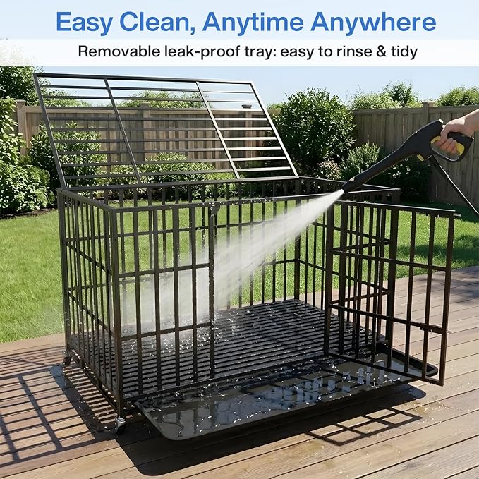 LEMBERI 48 Inch Heavy Duty Dog Crate, Indestructible Dog Kennel Indoor, Escape Proof Pet Cage for Large Dogs, High Anxiety Dog Crate with Double Door, Lockable Wheels & Removable Tray
