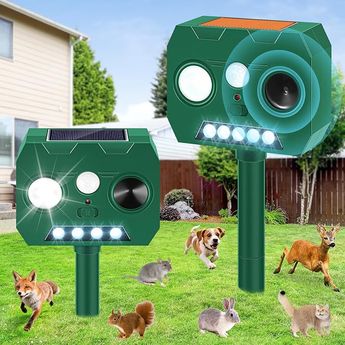 Solar Ultrasonic Animal Repellent Outdoor, 2 Pack Cat Repellent Outdoor Deer Repellent Devices with PIR Motion Sensor ＆ LED Flash, Waterproof Squirrel Repeller, Cat, Raccoons, Rabbits, Deer, Skunk