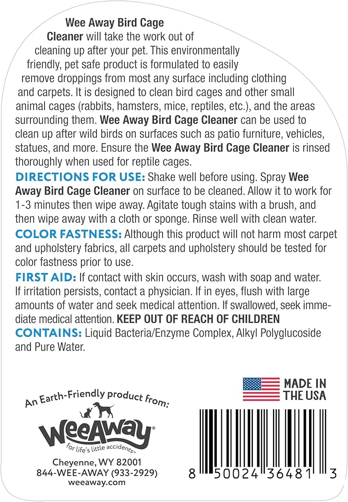 Wee Away Bird Cage Cleaner for Small Cages, Droppings Remover, Enzyme Cleaning Spray for Perches, Feeders, and Walls, Unscented, 16 fl oz