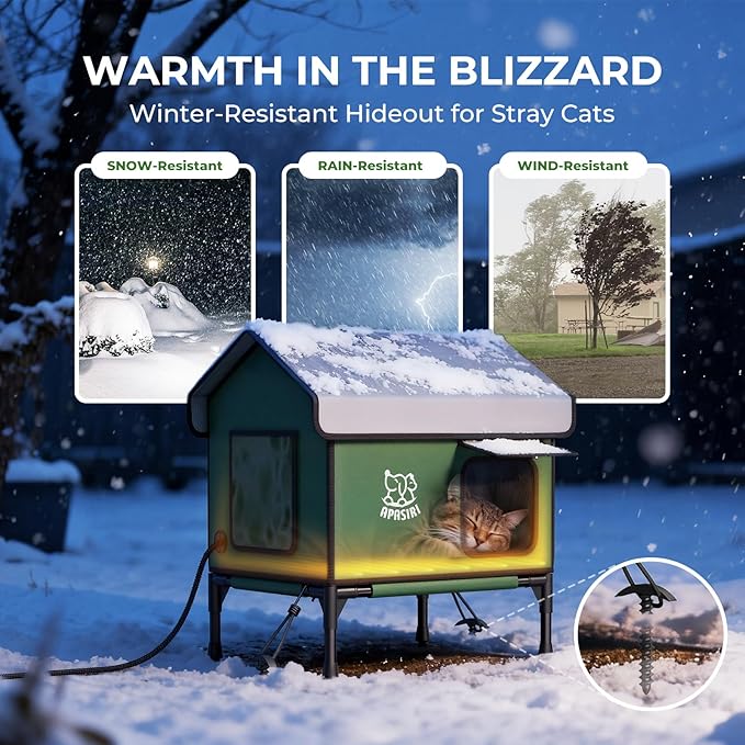 Apasiri Heated Outdoor Cat House Weatherproof - Insulated Cat Shelter with Thermostatic Heating Pad, Water Resistant 900D Oxford Feral Cat House with Anti-Peep Curtains Escape Door for Winter, Small