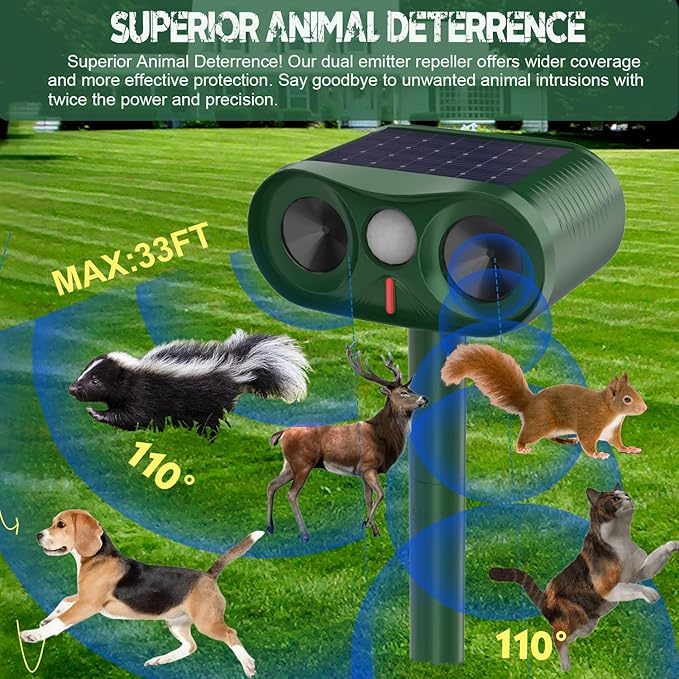 Cat Repellent Outdoor - Animal Repellent Ultrasonic Outdoor - Motion Activated & Waterproof, Stray Cat, Raccoon, Squirrel Deterrent for Yard, Garden - Humane Animal Repeller with Dual Ultrasonic