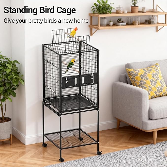 Bird Cage with Wheels, 63 Inch Bird Flight Cage, Wrought Iron Standing Large Parrot Parakeet Flight Birds Cages with Slide Out Tray Parrot Metal Parakeet Cages with Wooden Perches Black