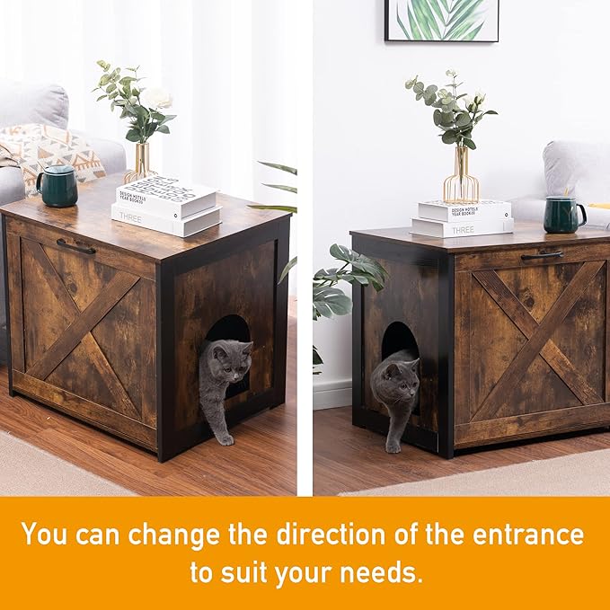 Dwanton Cat Litter Box Furniture Hidden, Cat Litter Box Enclosure, Reversible Entrance Can Be on Left or Right Side, Indoor Cabinet, Wooden Washroom, End Table, Nightstand, Rustic Brown, 23.6" L