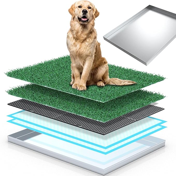 Upgrade Stainless Steel Dog Grass Pad with Tray, Potty Training System for Dogs, 4-Layer Quick Drainage & Odor Control, Heavy Duty Indoor Outdoor Grass Turf for Balcony, Porch, Home Use-31.5"x23.6"