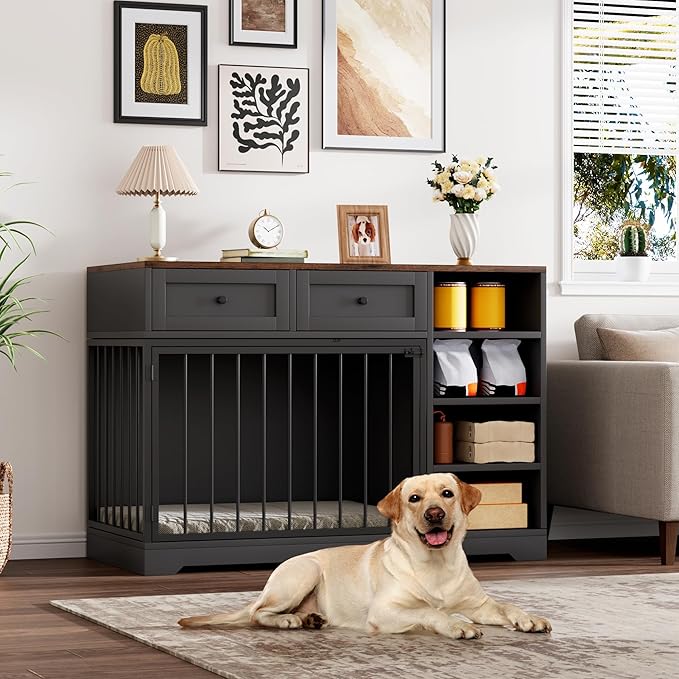 GAOMON 47 Inch Large Dog Crate, Dog Kennel Indoor with 2 Drawers and 4 Shelves, Dog Crate Furniture TV Stand, Wooden Dog Cage for Medium Large Dogs, Decorative Pet House, Black